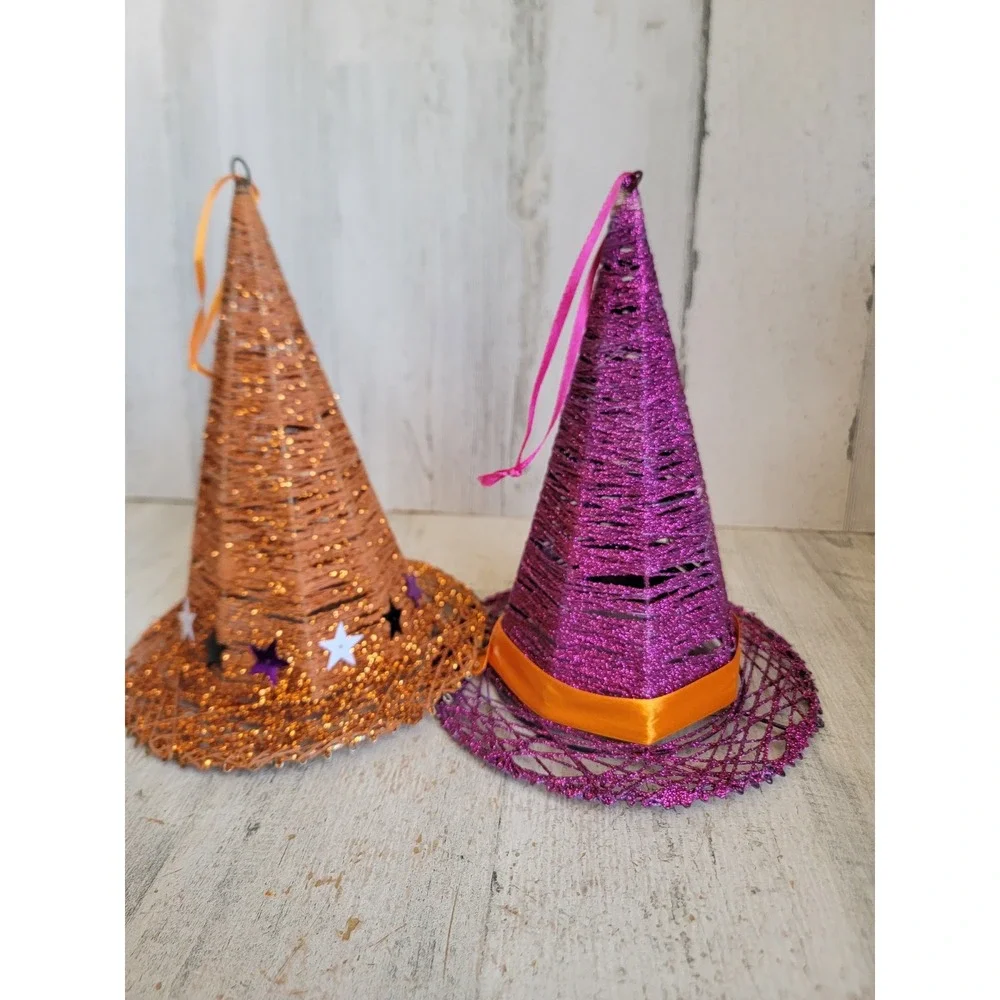 Vintage large Halloween witch hat glitter orange purple ornament set star unique